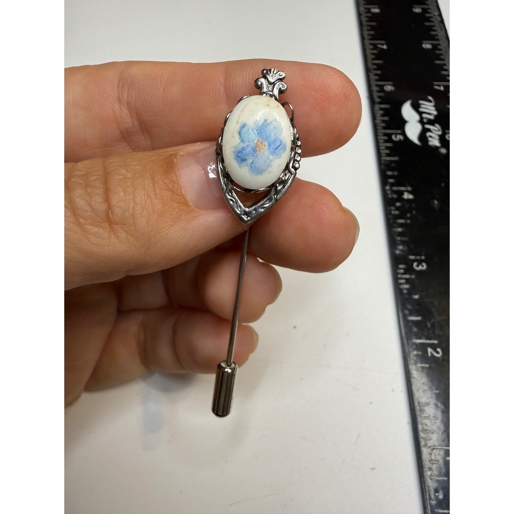 Silver Tone Blue Flower Hand Painted Porcelain Filigree Stick Pin Lapel Hat Pin